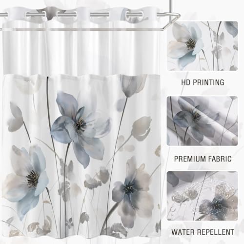 No Hook Shower Curtain and Liner Set, Blue Grey Boho Floral 71x74