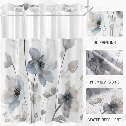 No Hook Shower Curtain and Liner Set, Blue Grey Boho Floral 71x74
