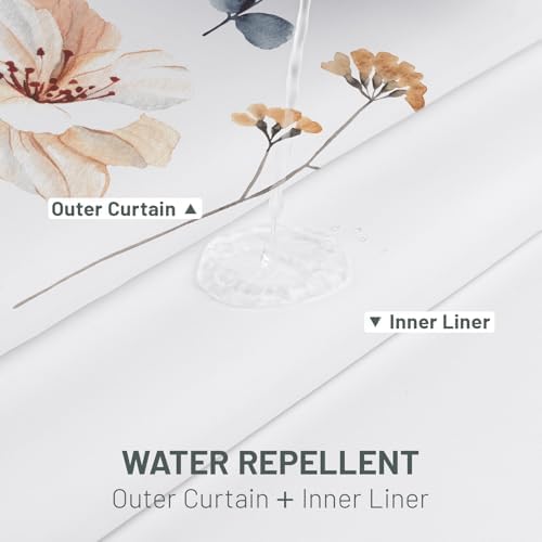 WITHLOC No Hook Floral Shower Curtain with Liner, Blue Beige, 54x80