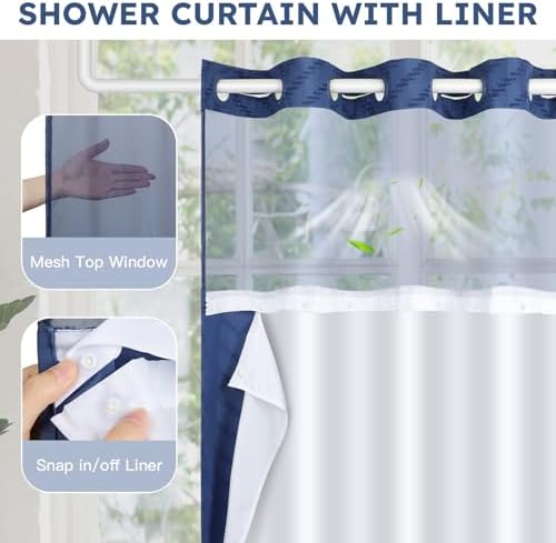 FADOTY Blue No Hook Shower Curtain Set with Snap in Liner, 71'' x 74''