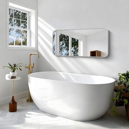 BONEWEI Silver Bathroom Mirror,20x40 inch Wall Mirror for Bathroom Wall Mounted,Rectangle Mirror for Bathroom Over Sink,Modern Frame Round Corner for Living Room,Bedroom Entryway,Horizontal/Vertical