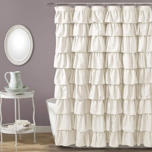 Lush Decor Ruffle Shower Curtain | Floral Textured Vintage Chic Farmhouse Style Design, Ivory, 72" x 72", (Pack of 6)