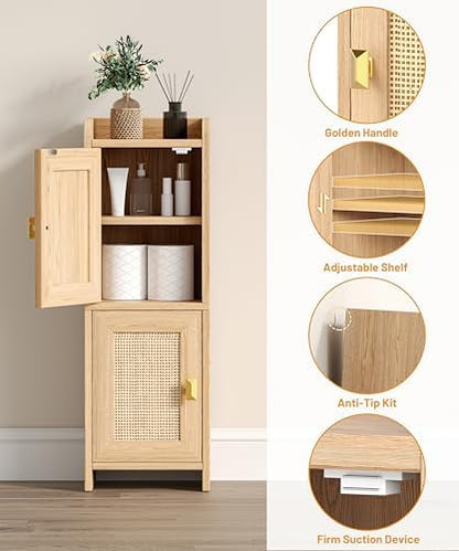 Akxomel Rattan Small Bathroom Cabinet Narrow Toilet Paper Organizer Oak