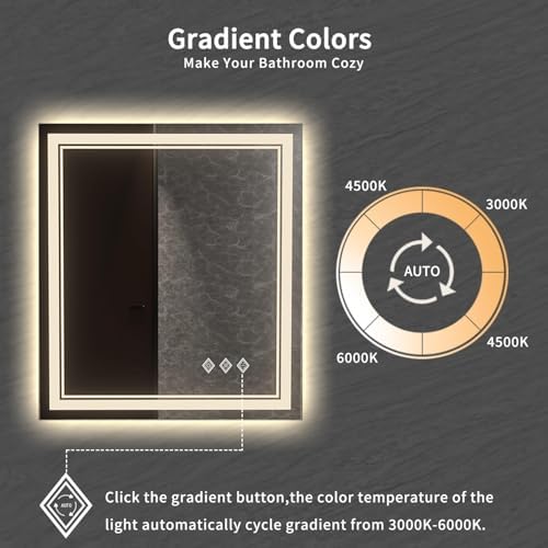 Bathroom Mirror, 32x36 Inch Gradient Front and Backlit LED Mirror for Bathroom, 3 Colors Dimmable CRI>90 Double Lights, IP54 Enhanced Anti-Fog, Hanging Plates Wall Mount LED Mirror