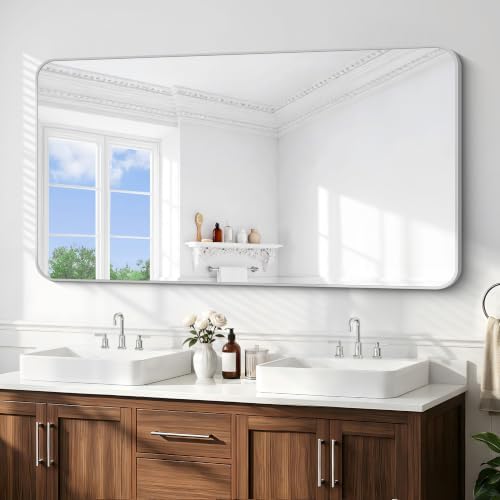 BONEWEI Silver Bathroom Mirror,66x36 inch Wall Mirror for Bathroom Wall Mounted,Rectangle Mirror for Bathroom Over Sink,Modern Frame Round Corner for Living Room,Bedroom Entryway,Horizontal/Vertical