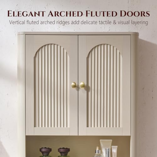 Bathroom Fluted Arched Wall Cabinet, 23.6''W Wood Medicine Cabinet, Cream