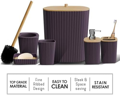 Clara Clark Bathroom Set - Purple Bathroom Accessories Set, 6PC Bathroom Accessory Set, Bathroom Sets with Adhesive Corner Shower Caddy Hanging, Toilet Brush, Trash Can & Soap Dispenser