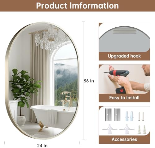 Brushed Nickel Mirror, 24"x36" Oval Bathroom Mirror, Oval Mirror