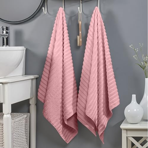 Elegant Comfort 100% Turkish Cotton Corduroy Ribbed Luxury Soft 2 Pack Bath Towels 27 x 54 Inch - Ultra Plush, Absorbent, Quick Dry, Hotel Spa Quality Towels for Bathroom Essentials, Dusty Rose