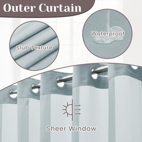 SORTTO No Hook Slub Shower Curtain with Liner, 71x74, Blue