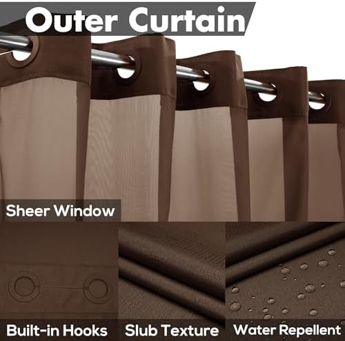 River Dream No Hook Shower Curtain with Snap-in Liner Set, Brown, 71x74