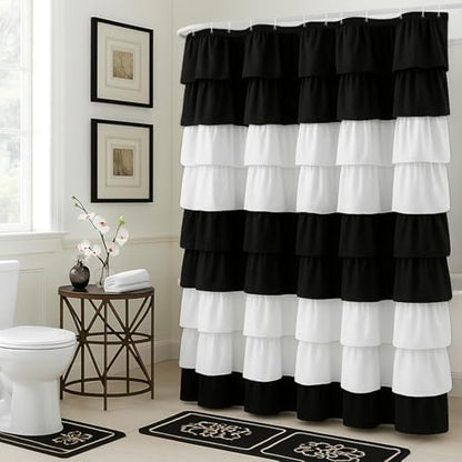 Seasonwood Ruffle Shower Curtain Black and White Shower Curtain, 72" x 72"