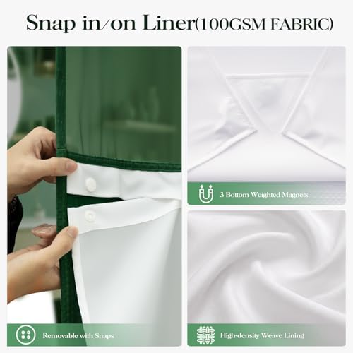 Dynamene Dark Green Hook Free Waffle Shower Curtain & Snap-in Liner,72x75
