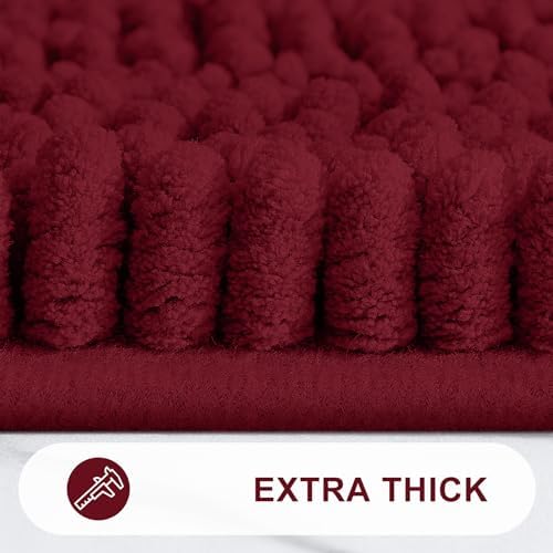 Grandaily Chenille Striped Bathroom Rugs 59x24, Extra Thick and Absorbent Bath Mats, Non-Slip Soft Plush Shaggy Shower Carpet, Machine Wash Dry, Bath Rug for Bathroom, Burgundy