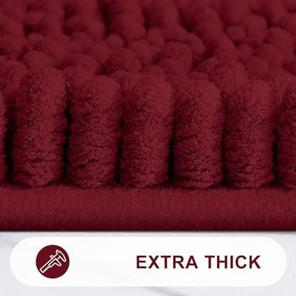 Grandaily Chenille Striped Bathroom Rugs 47x24, Extra Thick and Absorbent Bath Mats, Non-Slip Soft Plush Shaggy Shower Carpet, Machine Wash Dry, Bath Rug for Bathroom, Burgundy