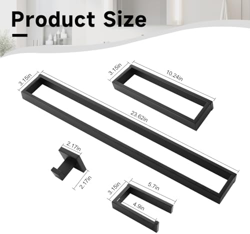 Black Towel Bar Set, 5-Pieces Bathroom Hardware Set,23.6 Inch Towel Rack Set Stainless Steel Towel Holder Set Wall-Mounted Bathroom Accessories