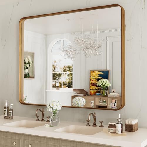 LOAAO 40X24 Inch Bathroom Mirror with Wood Grain Colored Metal Frame
