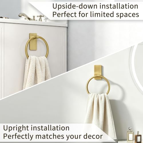 STWWO Gold Towel Ring for Bathroom, Adhesive Hand Towel Holder for Bathroom, Kitchen, No Drill