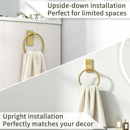 STWWO Gold Towel Ring for Bathroom, Adhesive Hand Towel Holder for Bathroom, Kitchen, No Drill