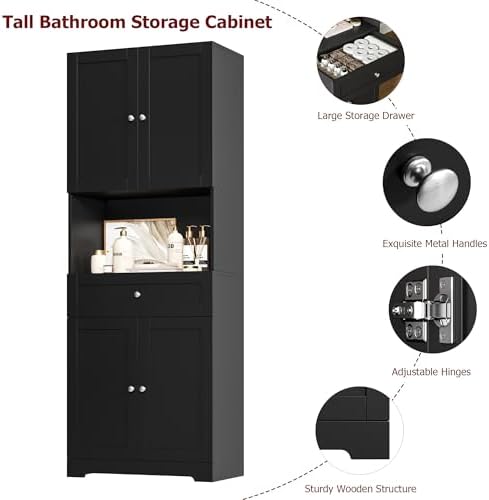 HIFIT Tall Bathroom Storage Cabinet with Drawer, Modern Linen Cabinet,Black