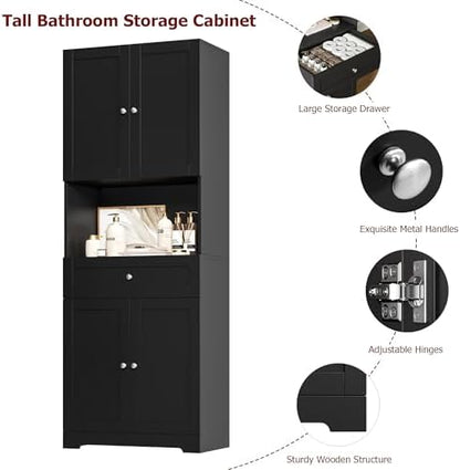 HIFIT Tall Bathroom Storage Cabinet with Drawer, Modern Linen Cabinet,Black