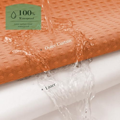 Dynamene Burnt Orange Hook Free Waffle Shower Curtain & Snap-in Liner,72x75