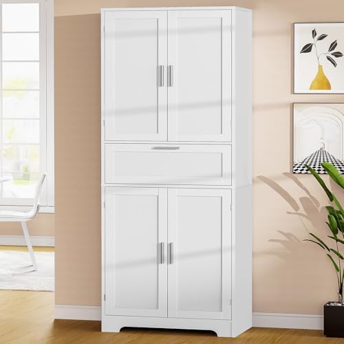 Iwell 67" Tall Storage Cabinet with Adjustable Shelf & 1 Large Drawer, Pantry Cabinet with 4 Doors, Kitchen Cabinets for Dining Room, Living Room, Home Office, White