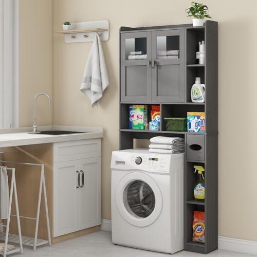 Vabches Over The Toilet Storage Cabinet with Doors and Shelf, Natural Grey