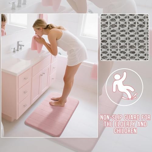Yimobra Long Bath Mat 44"x24", Super Soft Quick Dry Memory Foam Bathroom Rug, Water Absorbent, Non Slip Backing Machine Washable for Tub Shower, Thick Comfort Support, Pink