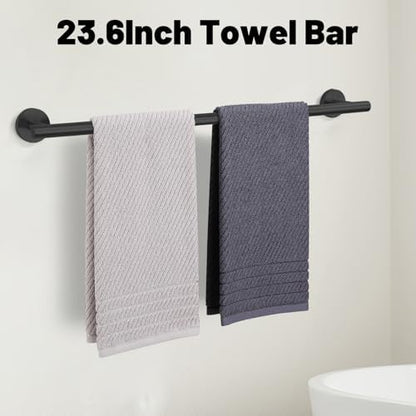 5 Pieces Matte Black Bathroom Hardware Accessories Set SUS304 Stainless Steel Black Towel Bar Holder Set, 23.6Inch Towel Racks for Bathroom, Robe Towel Hooks, Toilet Paper Holder Wall Mounted