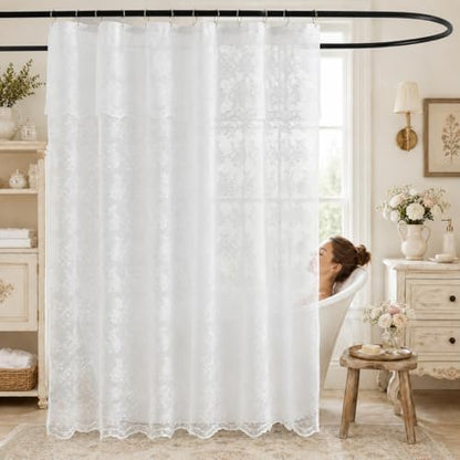 TUDECO White Lace Shower Curtain with Attached Valance, 72W x 84L Inch