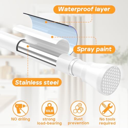 Tension Curtain Rod 28 to 48 Inches, White Tension Rod Adjustable Curtain Rod Non-Slip Shower Curtain Rod No Drill Shower Rod Spring Tension Shower Curtain Rod Bathroom Curtain Rod