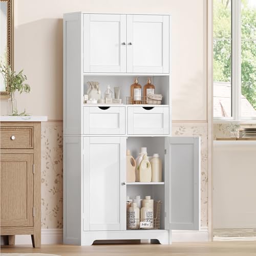 TEENFON Tall Bathroom Storage Cabinet with 4 Doors & 2 Adjustable Shelves