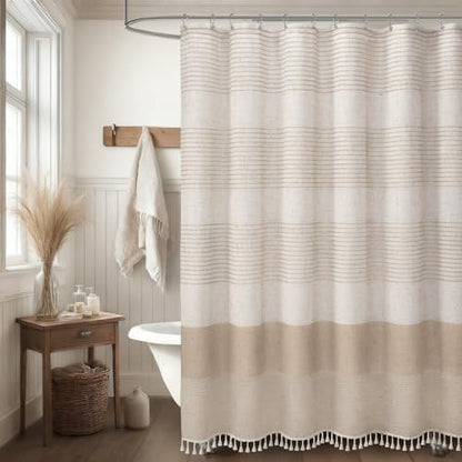 Beige Boho Linen Striped Shower Curtain with Tassel 72" W X 72" L