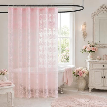 TUDECO Pink Lace Shower Curtain with Attached Valance, 72x72 Inch, 1 Panel