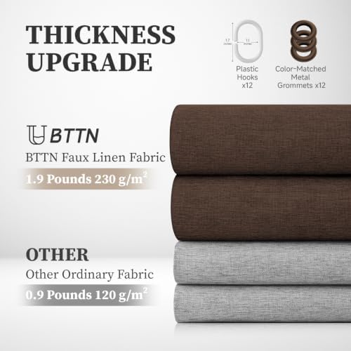 BTTN 72x80 Linen Textured Waterproof Thick Fabric Shower Curtain Set, Brown