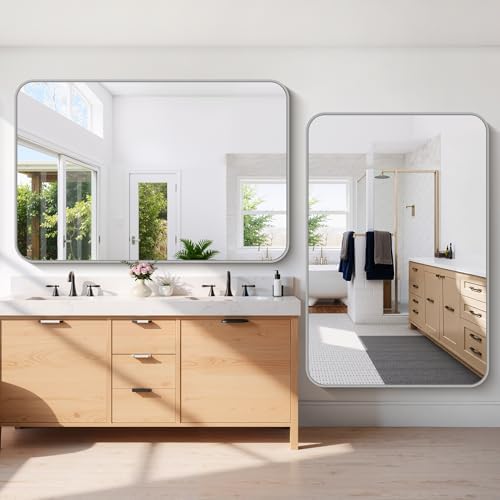 60x40 Inch Silver Bathroom Mirror, Large Rectangle Mirror, Metal Framed Rectangular Vanity Mirror, Rounded Corner Wall Mounted Mirror for Living Room Bedroom Entryway Horizontal or Vertical
