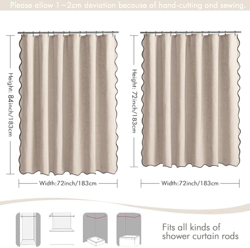 MIULEE Beige Scalloped Linen Shower Curtain 72x72 Inches