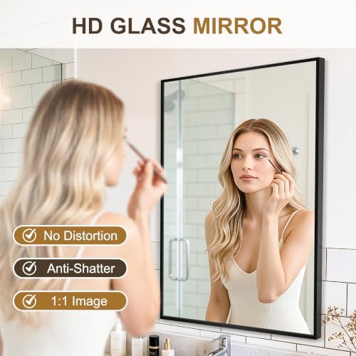 Rectangular Bathroom Mirror, 30"x20" Black Metal Framed Vanity Mirror