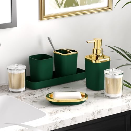 XLHOMO Bathroom Accessories Set - 25PC Bathroom Set with Shower Curtain and Rugs, Green Bathroom Set, Bathroom Accessory Set with Press-on Lid Trash Can, Soap Dispenser and Qtip Holders