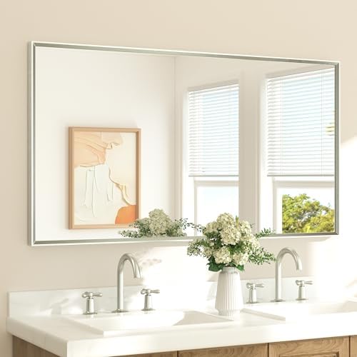 TETOTE Brushed Nickel Mirror 55" x 30" Beveled Framed Bathroom Vanity Wall Mirror for Over Sink Brushed Nickel, Tempered Glass, Modern Farmhouse Bedroom, Entryway, Living Room