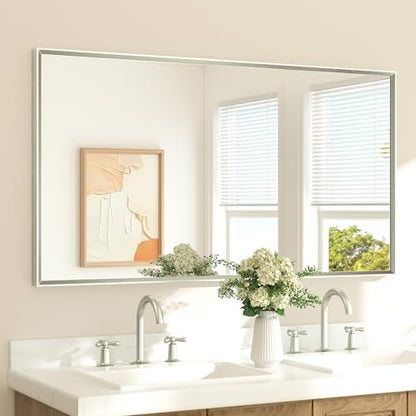 TETOTE Brushed Nickel Mirror 55" x 30" Beveled Framed Bathroom Vanity Wall Mirror for Over Sink Brushed Nickel, Tempered Glass, Modern Farmhouse Bedroom, Entryway, Living Room
