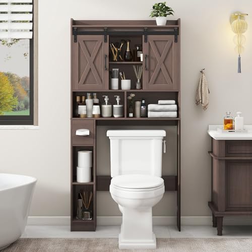 Vabches Over The Toilet Storage Cabinet with Sliding Doors, Espresso