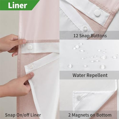 eachope No Hook Linen Texture Shower Curtain with Snap-in Liner,54x74 Blush