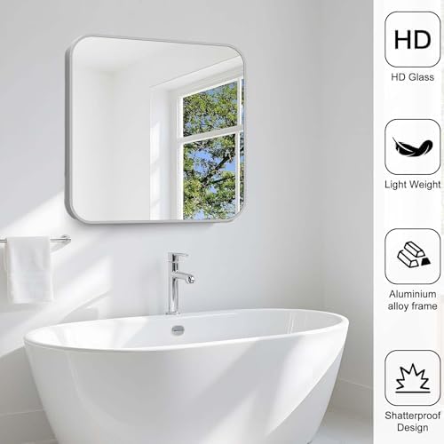 Silver Bathroom Mirror, 30 x 30 Inch Silver Square Mirror, Metal Framed Rectangular Vanity Mirror, Rounded Corner Wall Mounted Mirror for Living Room Bedroom Entryway Hangs Horizontal/Vertical