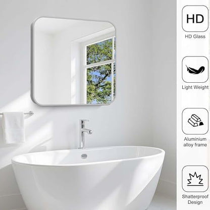 Silver Bathroom Mirror, 30 x 30 Inch Silver Square Mirror, Metal Framed Rectangular Vanity Mirror, Rounded Corner Wall Mounted Mirror for Living Room Bedroom Entryway Hangs Horizontal/Vertical