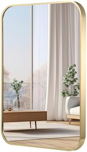 24x32 Inch Gold Bathroom Mirror, Brushed Brass Gold Metal Framed Rectangular Mirror with Rounded Corner, Bathroom Vanity Mirror for Bedroom or Living Room, Horizontal/Vertical