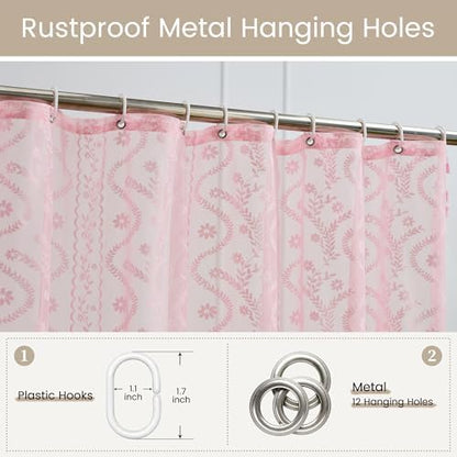 WAZZIO Pink Lace Shower Curtain - Vintage Pretty Pastel Girl Floral Shower Curtain Girly, Cute Coquette Tassel Princess Bath Curtains for Bathroom, 72 x 84 Inch, 1 Panel