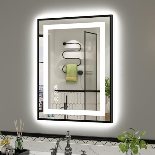 24x32 Inch LED Bathroom Mirror with Black Frame, Backlit & Front Lit