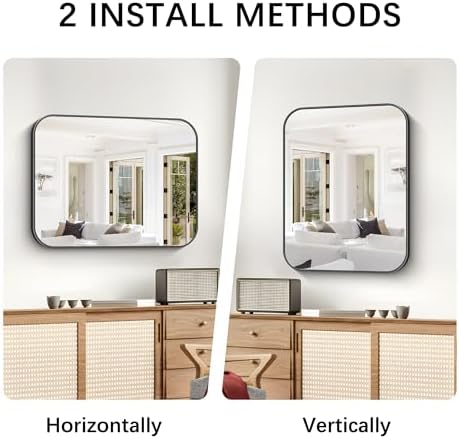 Bathroom Mirror, 30 x 24 inch Metal Framed Black Rectangle Mirror, Rounded Corner Rectangular Vanity Mirror, Wall Mounted Mirror for Modern Bedroom Living Room Hangs Horizontal or Vertical